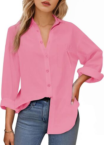 Womens Button Down Shirts, Long Sleeve Cotton Blouse for Women Casual, Collar Long Sleeve Blouse Tops for Pocket in Saudi Arabia