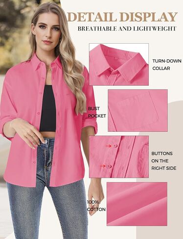 Womens Button Down Shirts, Long Sleeve Cotton Blouse for Women Casual, Collar Long Sleeve Blouse Tops for Pocket in Saudi Arabia