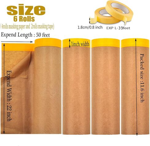Pre-Taped Paint Masking Paper and Masking Tape Sets,4 Rolls 22inch-50feet Painters Paper and 2 Rolls Painters Tape, Automotive Paint Paper, Tape and Drape Waterproof for Painting Protection Covering in Saudi Arabia
