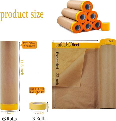 Pre-Taped Paint Masking Paper and Masking Tape Sets,4 Rolls 22inch-50feet Painters Paper and 2 Rolls Painters Tape, Automotive Paint Paper, Tape and Drape Waterproof for Painting Protection Covering in Saudi Arabia