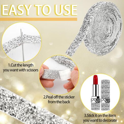 Rhinestone Ribbon 3 Yards Self Adhesive Rhinestone Strips Sliver Rhinestone Stickers Glitter Diamond Tape Crystal Ribbon Roll Rhinestone Trim for Gift Wedding Party Decorations Car Phone DIY Crafts in Saudi Arabia