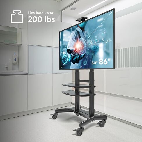 ONKRON Mobile TV Stand for 50 - 86 Inch TVs up to 200 lbs, Movable TV Stand Height Adjustable with Shelves max VESA 800x500 Portable TV Stand on Wheels / Mobile TV Cart Rolling TV Stand Tall Black in Kuwait