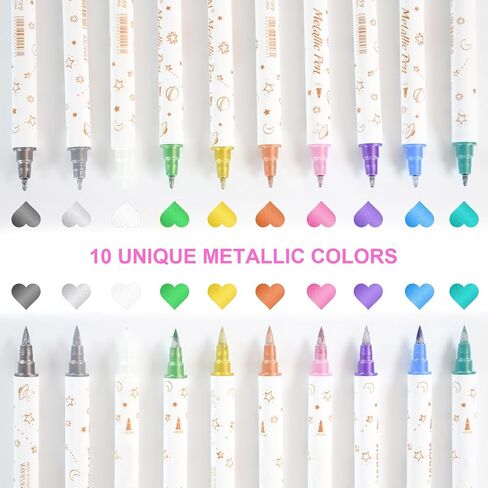 SAYEEC Metallic Paint Pens 10 Colors Dual Tip Metallic Paint Markers with Brush and Fine Point Nail Art Polish Pens Highlighters for Black Paper Rock Painting Card Making Calligraphy DIY Album Crafts in Kuwait