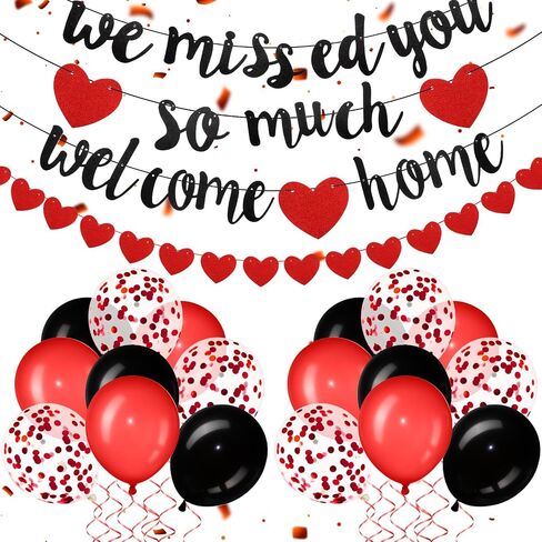 Welcome Home Decorations Welcome Home We Missed You So Much Banner Glitter Garland and Balloons Family Housewarming Party Supplies Military Army Welcome Back Party Decor(Red) in Saudi Arabia