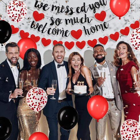 Welcome Home Decorations Welcome Home We Missed You So Much Banner Glitter Garland and Balloons Family Housewarming Party Supplies Military Army Welcome Back Party Decor(Red) in Saudi Arabia
