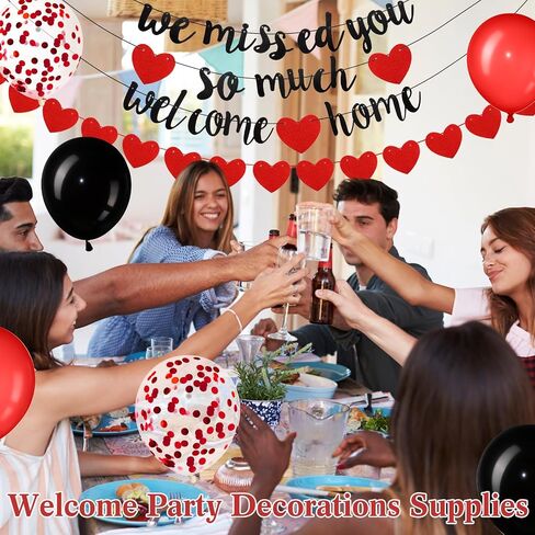 Welcome Home Decorations Welcome Home We Missed You So Much Banner Glitter Garland and Balloons Family Housewarming Party Supplies Military Army Welcome Back Party Decor(Red) in Saudi Arabia