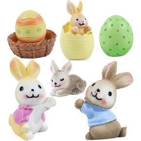 7Pack Bunny Easter Eggs Cake Topper，Miniature Cute Rabbit Animal Figures Fairy Garden Desk Decorations Birthday Baby Shower Party Favor for Kids Toddlers
