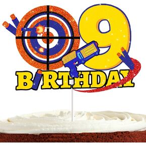 Dart Gun Cake Topper 9 for Boys Girls 9th Birthday Dart War Party Supplies Target Bullet Cake Decorations Target Gun Ninth Birthday Cake Decor Gun Theme Party Supplies