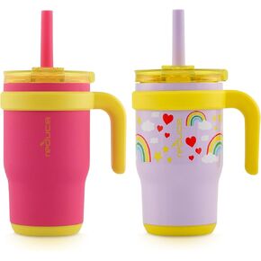 reduce 14oz Coldee Tumbler with Handle for Kids Leakproof Insulated Stainless Steel Mug with Lid & Straw –Spill Proof Chew-Resistant Straw 2 Pack