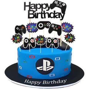 Video Game Cake Topper Happy Birthday Game Cake Toppers 11 PCS Video Game Theme Party Decorations Blue Black Game-themed Birthday Cake Decoration Birthday Party Supplies for Kids, boys, Men