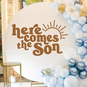 هنا يأتي ديكور Son Baby Shower - كبير هنا يأتي علامة صائق الابن ، ورسائل الفينيل لخلفية القوس ، محافظ لدش الطفل ترحيب ديكورات منطقة الصورة (ملونة) in Kuwait