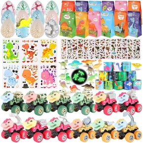 LiYiQ 84 Pcs Dinosaur Party Favors included Mini Hatching Dinosaur Eggs Mini Dinosaur Pull Back Cars Slap Bracelets Make Your Own Dinosaur Stickers and Gifts Bags for Dinosaur Birthday Party Supplies