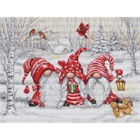 Luca-S Cross Stitch Kit Three Gnomes in Wood, BU5050, Counted Cross Stitch Kit for Adults, Needlecraft and Embroidery Kit