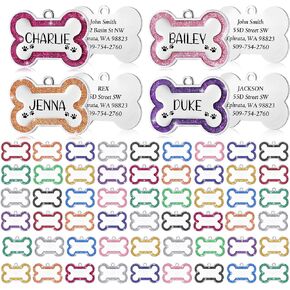50 Pcs Personalized Dog Tags with Glitter Blank Pet ID for Engraving 4.6mm Metal Bone Shape Name DIY Engraved Puppy Cat, 12 Colors