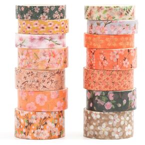 14 Rolls Sakura Washi Tape Set Flowers Arts Adhesive Tapes Cherry Blossom Decorative Masking Tape Sets for Craft, Kids, Scrapbook, DIY, Gift Wrapping (Blush Petals)