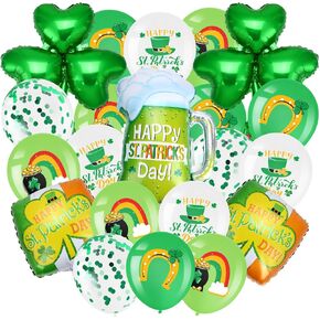 54 Pcs Happy St. Patrick's Day Balloons St Patricks Day Party Decorations Green Shamrock Beer Mug Foil Helium Latex Balloons Garland Arch for Saint Patricks Birthday Irish Party Supplies