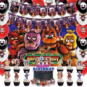 42pcs Five Nights Birthday Party Supplies Pack Includes，Banner，Cake Topper，Blackdrop,Balloons for Five Nights party decoration