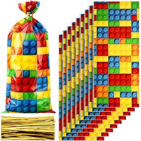 Outus 100 قطعة بناء لبنات السيلوفان أكياس البلاستيك Goodie Candy علاج حقائب مع 200 روابط ذهبية تويست للأطفال بناء الطوب من الطوب تحت عنوان زخارف لحفلات أعياد الميلاد