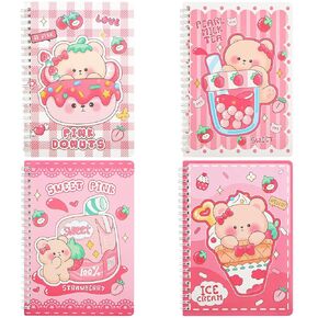 4 Pack A5 Pink Bear Spiral Notebook,Cartoon Cute Ice Cream Milk Tea Dessert Wirebound Pocket Journal Hardcover Note Books Lined Notepad Diary for Women Girl Kid Christmas Office Birthday Supplies