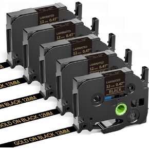 Replace for P-Touch Label Tape Black Compatible with Brother Label Maker Tape Gold on Black Tape 12mm 0.47" TZe-334 for Brother Label Maker PT-D220 PT-H110 PT-D210 PT-D400 PT-P710BT PT-D200, 5-Pack