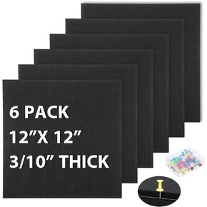 6 Pcs Cork Board Bulletin Board 12x12, 3/10" Thick Felt Cork Board Tiles, Small Square Pin Board for Wall, Self Adhesive Corkboards with 60 Push Pin Wood Clips for School, Home & Office, Black