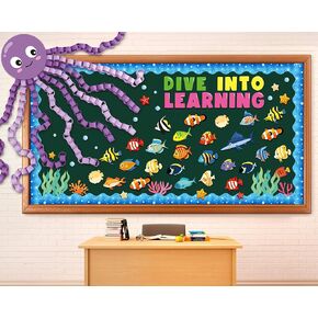 93PCS Sea Animal Bulletin Board Decoration DIY Under The Sea Octopus Cutouts for Kids Summer Ocean Fish Classroom Decor Dive Into Learning Bulletin Board Set for Party Decor School Supplies