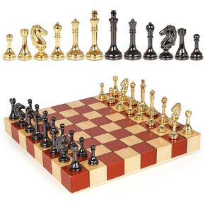 Metal Chess Set – Wooden Chess Board Set Travel Chess Sets,Metal Handcrafted Chessmen, Bonus 2 Extra Queens, Portable Classic Chess Game for Adults Family Board Game