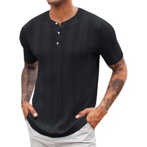Runcati Mens Henley Shirts Short Sleeve T-Shirt Casual Cotton Knit Textured Stretch Pullover Sweater