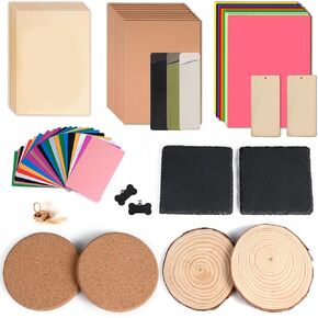 Ministarcut 80 PCS مجموعة استكشاف مواد الليزر ، مستلزمات نقش بالليزر DIY بما في ذلك المعادن والخشب والجلد والورق والروك