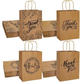 Whaline 16Pcs Thank You Party Bags Gold Foil Kraft Paper Gift Bags Brown Paper Bags with Handle Party Favor Bags for Wedding Birthday Baby Shower Party Favors 6.3 x 8.7 x 3.1inch, 4 Styles