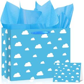 Blue Sky White Clouds Gift Bag Story Birthday Party Favor Bags with Tissue Paper Card Cartoon Story Wrapping Paper Bag Story Themed Goodie Bags for Boys Girls Kids Baby Shower Birthday Party Supplies