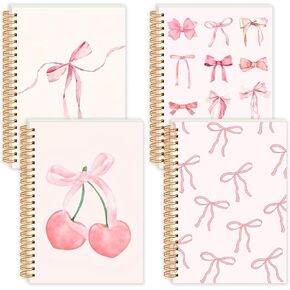 4 Pack Coquette Preppy Bow Notebook, A5 Aesthetic Spiral Notebook Journals for Women, Cute Bow Preppy School Supplies, College Ruled(Pink,Bow Style)