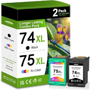 74XL 75XL Ink Cartridges Compatible with 74 75 Ink Replacement for DeskJet D4260 D4360 D4280 C4280 C4300 C4400 OfficeJet J5788 J6480 J5725 Printer (2-Pack, 1Black 1Tri-Color)