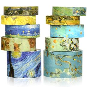 Gold Vintage Washi Tape, 10 Rolls Aesthetic Decorative Foil Masking Tape Set with Gift Box, Decorative Tape for Bullet Journal, DIY Craft, Scrapbook Supplies