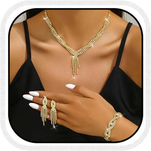 Unicra Silver Bride Necklace Earrings Set Bridal Wedding Jewelry Sets Rhinestone Prom Costume Choker Necklaces for Women and Girls (Silver-2 Pack Silver Necklace Earrings) in Saudi Arabia