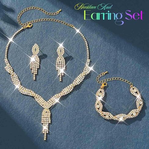 Unicra Silver Bride Necklace Earrings Set Bridal Wedding Jewelry Sets Rhinestone Prom Costume Choker Necklaces for Women and Girls (Silver-2 Pack Silver Necklace Earrings) in Saudi Arabia