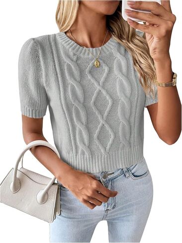 SweatyRocks Women's Crewneck Short Sleeve Crop Sweater Cable Knit Pullover Tops in Saudi Arabia
