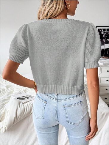 SweatyRocks Women's Crewneck Short Sleeve Crop Sweater Cable Knit Pullover Tops in Saudi Arabia