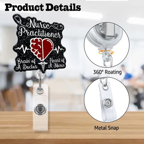 Nurse Practitioner Retractable Black Glitter Irregular Badge Reel with Alligator Clip, Medical Gift for Men Women, Fun ID Card Badge Holder Gift for Doctor RN Nurse Nursing Medical Office Work in Saudi Arabia
