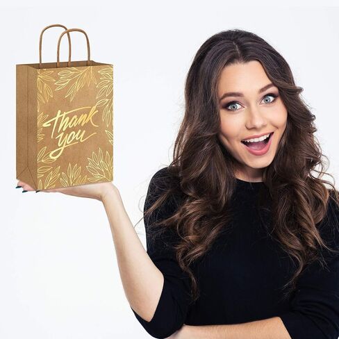 Whaline 16Pcs Thank You Party Bags Gold Foil Kraft Paper Gift Bags Brown Paper Bags with Handle Party Favor Bags for Wedding Birthday Baby Shower Party Favors 6.3 x 8.7 x 3.1inch, 4 Styles in Saudi Arabia