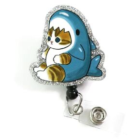 Adorable Shark Cat Badge Reel, Funny Kitten Badge Holder, Shark Cat Costume Retractable Badge Clip for Office, Purrfectly Cute Cat Lover ID Reel, Baby Shark Animal Rescue Badge Holder