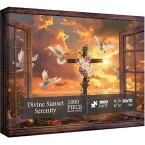 Christian Religious Puzzles for Adults 1000 Pieces, Cross Catholic Sunset Jigsaw Puzzle, Spiritual Motivational Inspirational Bible Puzzle