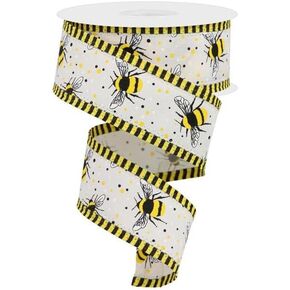 Bumble Bees & Stripes Wired Edge Ribbon - 10 Yards (1.5 Inch, Light Beige)