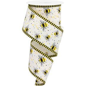 Bumble Bees & Stripes Mired Edge Ribbon - 10 ياردة (1.5 بوصة ، بيج فاتح) in Kuwait