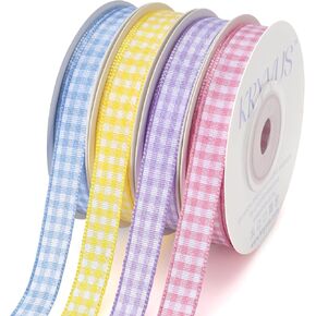 Gingham Ribbon 3/8 Inch X 40 Yards(4 Rolls x 10 Yard), Easter Ribbon 100% Polyester Woven Edge, Spring Ribbon for Baby Shower, Gift Wrapping, Crafts(Lt.Pink/Lt.Blue/Lt.Purple/Yellow)