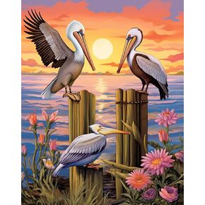 F-CANLAN Round Full Drill Diamond Painting Set 5D Pelican Diamond Painting Crafts Kit Sunset Bird Crystal Crafts Dots with Diamond Adult Rhinestone Diamond Art Room Decor (12X16 inches)