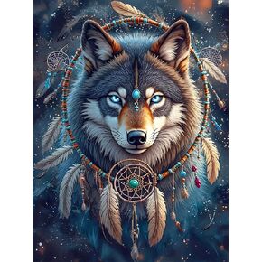 MBNTJHT DIY Wolf Diamond Art Kits for Adults Beginners,Easy Dream Catcher 5D Full Drill Diamond Painting Kits for Adults, Wolf Gem Art Kits for Home Wall Decor 12x16 inch.