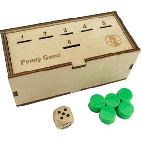 Penny Game - Fun Board Game Works with Pennies, Get Rid of Coins to Win, Coin Game Wood Box for 2-6 Players, Simple + Strategic Dice Games