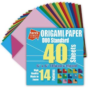 [Taro's Origami Studio] Large Duo (Diffrent Colors On Each Side) Double Sided Standard 9.5 Inch (24 cm) Kami Paper with 14 Color Change Patterns, 20 Sheets (Made in Japan)