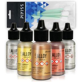 Alcohol Ink Alloys Complete Metallic Set | Ranger Tim Holtz Brand | Colors Include Gilded, Mined, Foundry, Statue, Sterling | 10 Pixiss Alcohol Ink Blending Tools